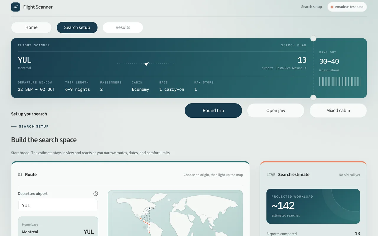 The Flight Planner search console, showing the boarding-pass search plan and the live estimate panel