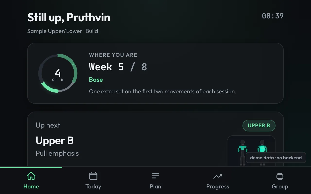 The Repcycle home screen, showing rotation position and the next session